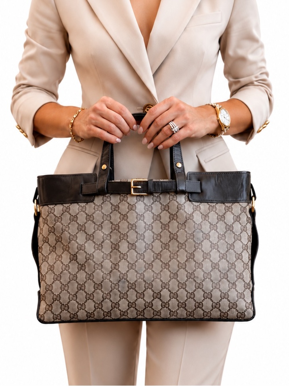 Gucci GG Canvas Leather Buckle Tote Bag Brown Monogram Large Shoulder Purse IT - Picture 3 of 16